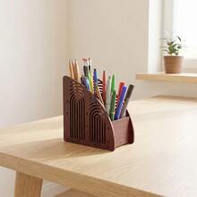 1pc 3-Compartment Wooden Hollow Double-Sided Wood Grain Theme Remote Control Pen Holder Desktop Organizer, Large Capacity Storage, Kitchen Home Decor Ornament, Back To School Gift, Colleague Gift, Holiday Gift, Office Desk Organizer, Practical Home Storage Decor - Multicolor - View 2