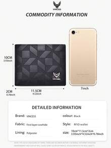 VINCESS Men's Genuine Leather Business Wallet, RFID Blocking, Made Of Top Grain Cowhide Leather, Fashionable Geometric Design. It Features Multiple Card Slots And Transparent ID Card Window, Perfect For Daily Use And Travel, An Ideal Gift For Men. - Black - View 5