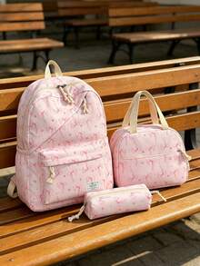 3-Piece Set - Back To School Bow Print Backpack Set, Large Capacity Nylon School Day Bag, With Lunch Bag And Pencil Case, Multi-Pocket Casual Backpack, Lightweight Bookbag, Suitable For Students/Graduates/Young People, Perfect For Back To School/Daily/Shopping/Short Trips And Outdoor Leisure Activities - Multicolor - View 10