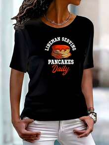 Camiseta de manga corta para mujer, talla grande, con estampado gráfico divertido y novedoso, cuello redondo, estilo casual, 100% poliéster, 1 pieza, 220g, playeras de mujer. - Negro - Ver 1