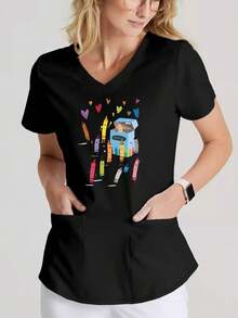 Camiseta con cuello en V, estampado de crayones de colores, bolsillo funcional con parche, uniforme, ropa de mujer - Negro - Ver 2