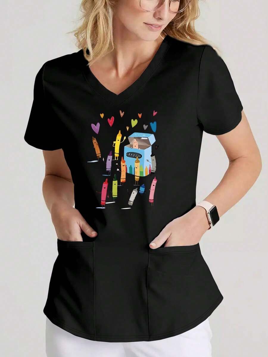 Camiseta con cuello en V, estampado de crayones de colores, bolsillo funcional con parche, uniforme, ropa de mujer