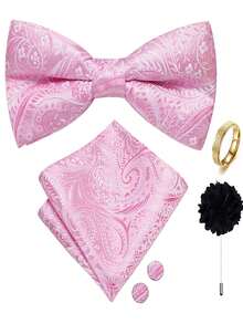 5Pcs Pink Paisley Jacquard Men Accessory Set, Bow Tie Pocket Square Cufflinks Brooch Detachable Ring, Random Cufflink Patterns, For Wedding - Pink - View 1
