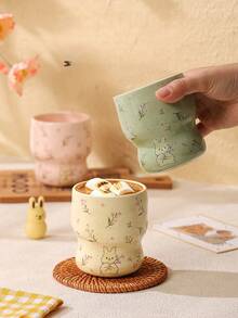 1pc Cute Rabbit Floral Coffee Cup, Handheld Cup Afternoon Tea Cup Dessert Cup Matcha Cup Ceramic Material, Suitable For Coffee Corner, Office, Back To School Season, Gift, Tumbler, Cup, One Cup Of Coffee - Multicolor - View 6