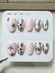 10 piezas de uñas postizas ovaladas hechas a mano, estilo vintage Y2K cool, color rosa bebé, pulido espejo plateado, patrones de estrella de cinco puntas 3D & strass para mujeres y niñas, uso en festivales, fiestas y vida diaria en primavera, verano, otoño e invierno - Rosa Pálido - Ver 1