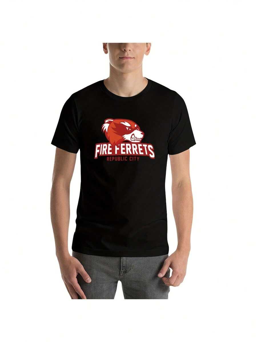 Men's Republic City Flame Ferret T-Shirt, Casual Wear, Printed T-Shirt, Modern Casual Style, Soft Material, Basic T-Shirt, Short Sleeve, Casual Wardrobe, Plus Size - 黑色 - 查看 1