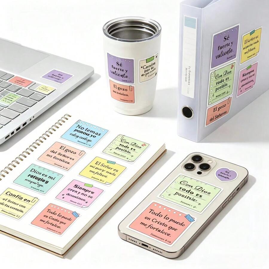 1 Roll 500pcs Spanish Bible Verse Stickers / Colorful Sticky Note Style Inspirational Quotes Labels / Spanish Christian Scripture Planner Decoration Stickers / Notebook Water Bottle Gift Box Packaging Seal Stickers / Religious Faith Encouragement Text Stickers / Multi-Color Sticky Note Style Motivational Text Stickers / Spanish Christian Prayer Planner DIY Decoration Stickers - Poster Stickers (500 Stickers) - View 1