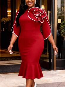 Vestido midi ajustado para mujer AOMEI elegante y glamuroso en rojo con flor 3D, corte sirena, ribete en contraste, mangas acampanadas con abertura, para iglesia, fiesta y como invitada de boda - Rojo - Ver 7