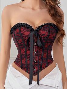 Nuevo top corsé ajustado de estilo retro para mujer, adornado con volantes y lazos, faja gótica con lazos, corsé con ballenas, camisola ajustada sin tirantes. - Albaricoque - Ver 2