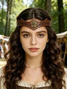 1 pieza Diadema de cuero PU vintage con grabado de hoja y decoración de rosa dorada, tiara de cosplay de elfo medieval renacentista, accesorio de Halloween - A - Ver 7