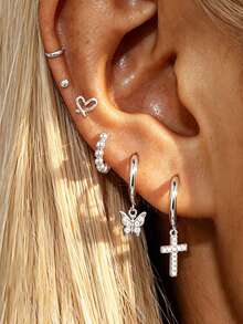 6PCS Cross Dangle Earrings For Women Stainless Steel Heart-Shaped Zirconia Spiral Ear Stud Fashion Temperament Aesthetic Jewelry - 6PCS-silver - View 2