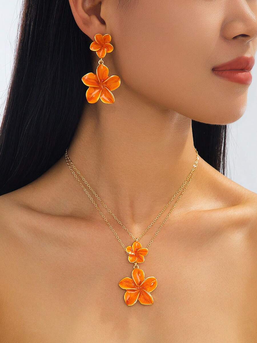 1pc New Vintage Summer Vacation Beach Style Handmade Drip Oil Vibrant Orange Layered Hibiscus Pendant Multi-Layer Necklace & 1 Pair Earrings Women Jewelry Set - Orange - View 1