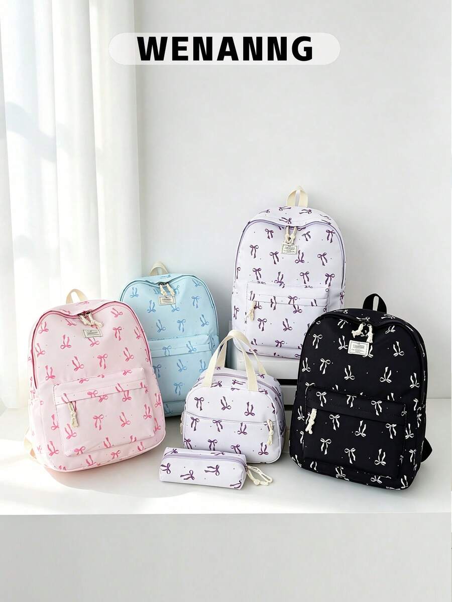 3pcs Fashionable College Style Bow Print Backpack Set, Including Backpack, Lunch Bag And Pencil Case, With Laptop Compartment, Adjustable Shoulder Straps And Multiple Pockets, Large Capacity Student Backpack Set, Multi-Functional Daypack Set, Suitable For Girls/College Students/Graduate Students Daily Use/Vacation/Travel/Back To School - Multicolor - View 1
