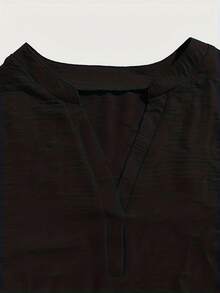 Size - Size - Women's Blouse With Ruffles And Three-Quarter Sleeves, Solid Color, Casual Loose Fashion, V-Neck, For Business - 黑色 - 查看 11