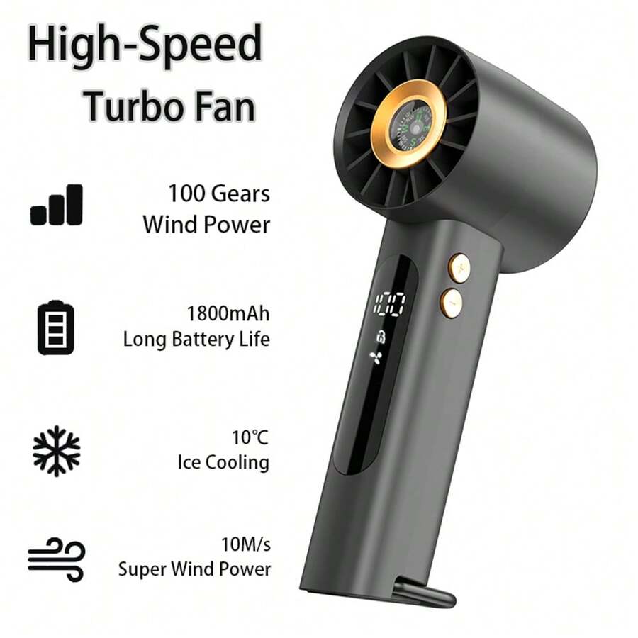 1800mAh USB Rechargeable Handheld Fan That Is Compact And Portable, Summer Cooling Suitable For Desktop Use. It Features Adjustable Wind Speeds From 1 To 100 And Displays Battery Levels, Making It Convenient For Travel And Outdoor Activities. - 手持 - 查看 1