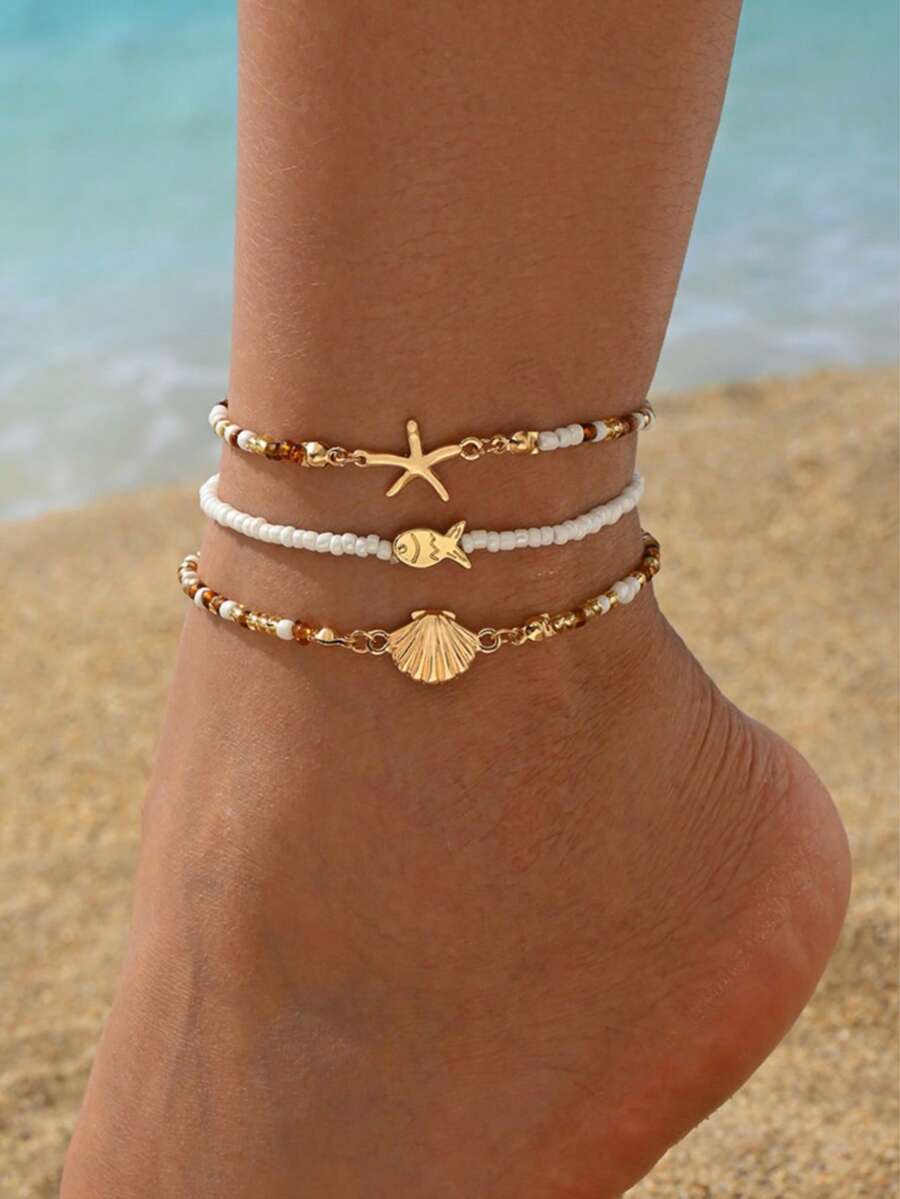 3pcs/Set Vacation Ocean Style Fish Starfish Shell Decor With Brown White Rice Beads Fashion Versatile Anklet Women's Foot Jewelry Suitable For Summer Beach Outings Daily Wear Rice Bead Color And Size Are Random And Not Fixed - Multicolor - View 1