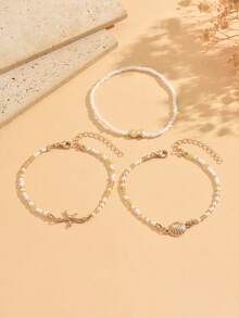 3pcs/Set Vacation Ocean Style Small Fish Starfish Shell Decor With Gold White Rice Bead Fashion Versatile Anklet Women's Foot Jewelry Suitable For Summer Beach Outings And Daily Wear, Rice Bead Color And Size Are Random And Not Fixed - Multicolor - View 2