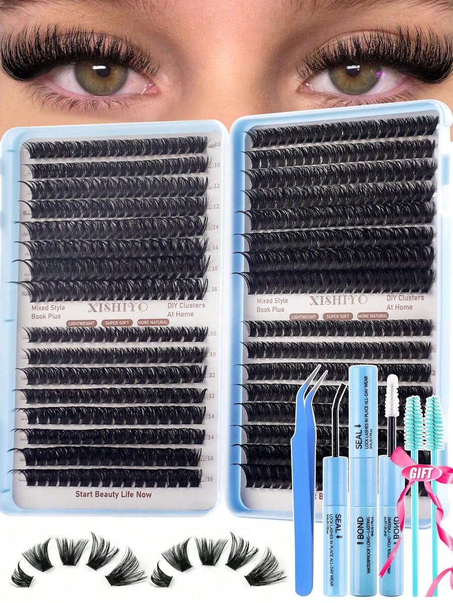 640/608pcs Eyelash Cluster Set DIY Eyelash Extension Kit Mixed 10-16mm Individual Eyelashes, Includes Eyelash Glue And Sealer, Eyelash Tweezers, Eyelash Brush, Fluffy Individual False Eyelashes Set, D-Curl Eyelash Clusters, DIY Eyelash Extension Kit, Waterproof Eyelash Glue, Eyelash Applicator, Dense False Eyelashes Set