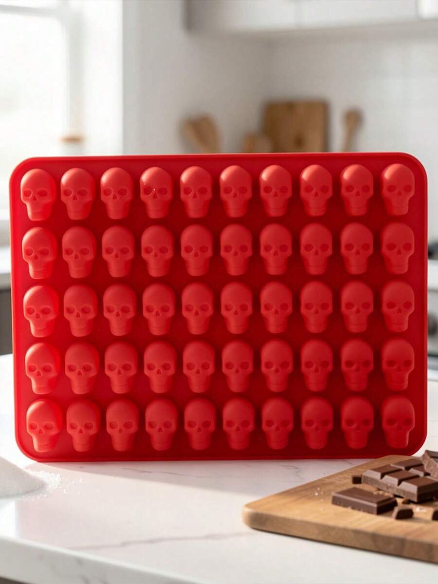 50/100 Cavity Skull Mold, Multi-Grid 3D Skull Shape, Red And Black Dual-Color Silicone Tray, Mold Matching Silicone Dropper Set, Multi-Functional High-Temperature Resistant Non-Stick Easy Release Easy Clean Reusable Chocolate, Cake, Soap And Ice Cube Mold, Suitable For Making Cakes, Candies, Soaps, Jellies, Puddings And Party Snacks - Multicolor - View 1