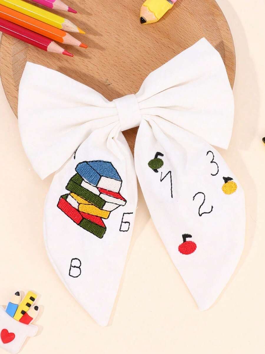 1pc Back To School Embroidered Hair Bow Clip With Book Numbers,Educational Classroom Hair Accessory,Academic Hairpin,School Math Bow,Teens Clip Girls - Multicolor - View 1