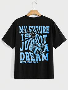 Camiseta de cuello redondo holgada con gráfico con lema para hombreTee - Negro - Ver 1