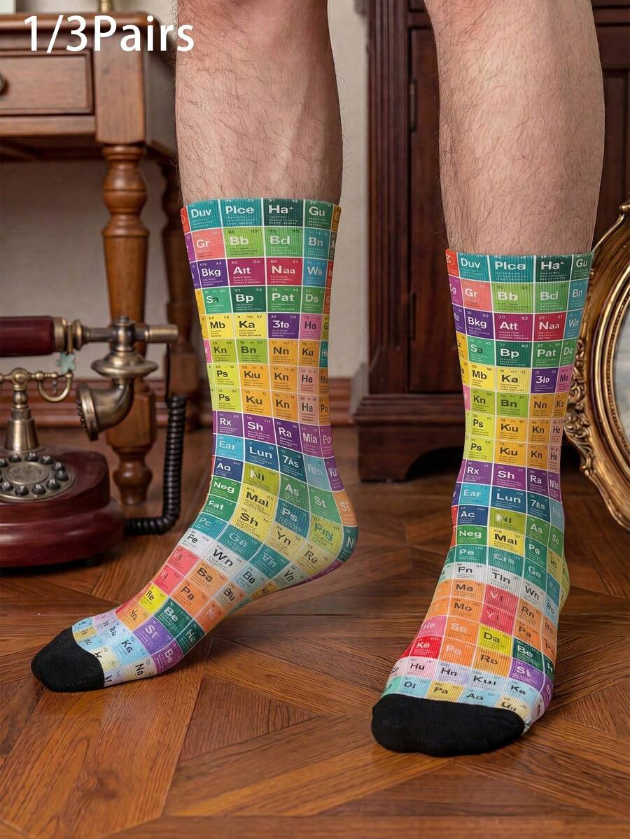 1/3 Pairs Creative Periodic Table Style Mid-Calf Socks, Men's Novelty Socks, Interesting & For Summer - Multicolor - View 1