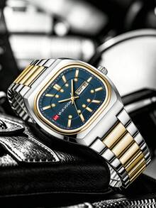 男士手錶 40mm 方形錶殼 雙日曆錶盤 雙色不鏽鋼錶帶 螢光刻度 奢華商務風 時鐘 3Bar 防水等級 適合日常生活防水需求，男士節日禮物，日常通勤裝飾，正式場合搭配，戶外運動 VA VA VOOM 品牌原裝男士腕錶 - 藍色 - 查看 4