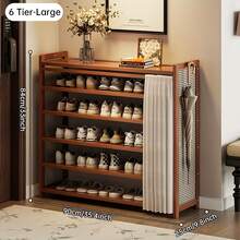 6-Tier Free Standing Shoe Rack, Bamboo & Density Board Storage, Top Shelf For Keys, Front Privacy Curtain, Entryway Doorway Organizer - Brown - View 2