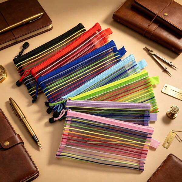 16/8/4/1pc Assorted Colors Mesh Zipper Pouches - Versatile Travel & Office Organizer Bags, Nylon Cosmetic Storage Pouches