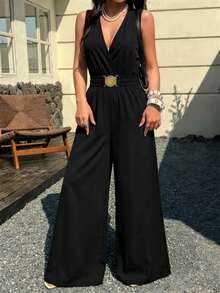 Summer Minimal Women's Wide Leg One Piece Jumpsuit,Gold Buckle Elastic Waist Sleeveless V-Neck For Wedding,Daily,Office,Weekend,Party,Beach,Vacations - Black - View 3
