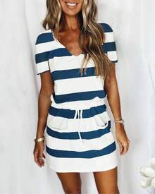 Nuevo Vestido de Verano Europeo y Americano para Mujer, Superventas Transfronterizo, con Cordón Ajustable, Falda Corta y Manga Corta a Rayas - Rosa - Ver 9
