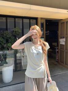溫柔風小眾設計前綁帶短袖T恤 女款優雅修身顯瘦短袖上衣 夏季 - 杏色 - 查看 3