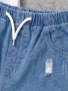 1pc Tween Boys Casual Loose Fit American Retro Distressed Ripped Denim Shorts, Washed Blue, Outdoor Streetwear Style - Light Wash - View 3
