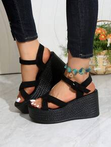 Women's Fashion Wedge Platform Sandals, Spring/Summer New Black High Heel Sandals, Lightweight And Comfortable - Suitable For Shopping, Vacation, Travel, Casual Daily Wear, Women's Buckle Strap Sandals - Black - View 3