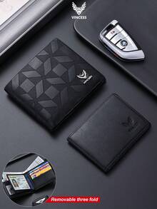 VINCESS Men's Genuine Leather Business Wallet, RFID Blocking, Made Of Top Grain Cowhide Leather, Fashionable Geometric Pattern Design. It Features Multiple Card Slots And Transparent ID Card Window, Perfect For Daily Use And Travel, An Ideal Gift For Men. - Black - View 11