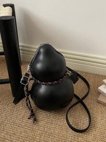 1pc Solid Color Textured Large Capacity Asymmetric Gourd-Shaped Minimalist Stylish Versatile Elegant Personalized Shoulder Bag - Black - View 7