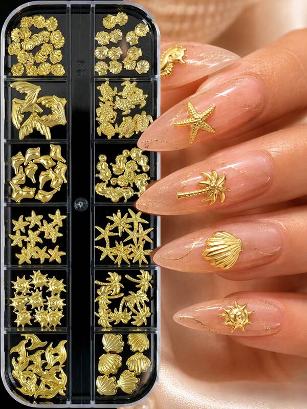 12 Grid Nail Art Charms Set, Golden Shell, Seahorse, Starfish, Mermaid Tail, Palm Tree, Sea Turtle Nail Reivt,Hexagram Studs For DIY Manicure, Hypoallergenic 3D Metal Decorations