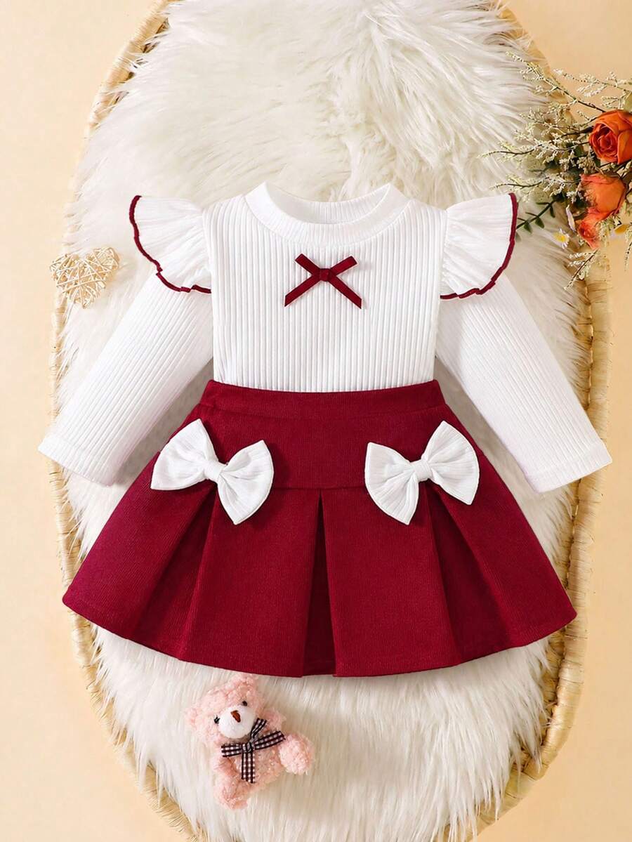 Baby Girl Fashion Bow Flutter Sleeve Top And 3D Bow Pleated Fashion Skirt - White - View 1