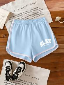2pcs/Set Girls Round Neck Short Sleeve T-Shirt With Simple English Graphic, Paired With Casual Shorts, Summer New Comfortable Outfit - Baby Blue - View 5