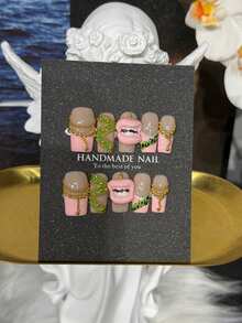 Handgemachte Y2K Millennium Style 3D Fangnägel mit Leopardenmuster und Goldkette, Press-On Nails für Abschlusssaison, Sommerreise, USA Unabhängigkeitstag Party - Pink - Übersicht 2