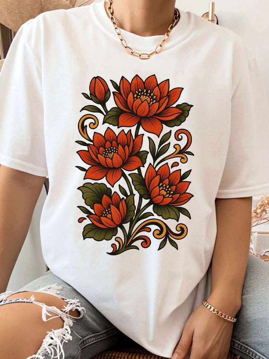 Camiseta de Mujer Oversize de Manga Corta con Estampado Floral, Estilo Boho, Ropa Casual de Verano, Regalo para Ella, 100% Algodón - Blanco - Ver 1
