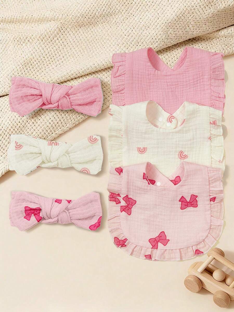 6pcs Soft Breathable Elastic Baby Headbands And Bibs, Super Soft, Comfortable, Cute Accessories With Adorable Bow Decoration, Perfect Gift For Newborns And Infants - Multicolor - View 1