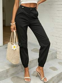 Women's Casual Solid Color Pocketed Drawstring Pants - Black - View 2
