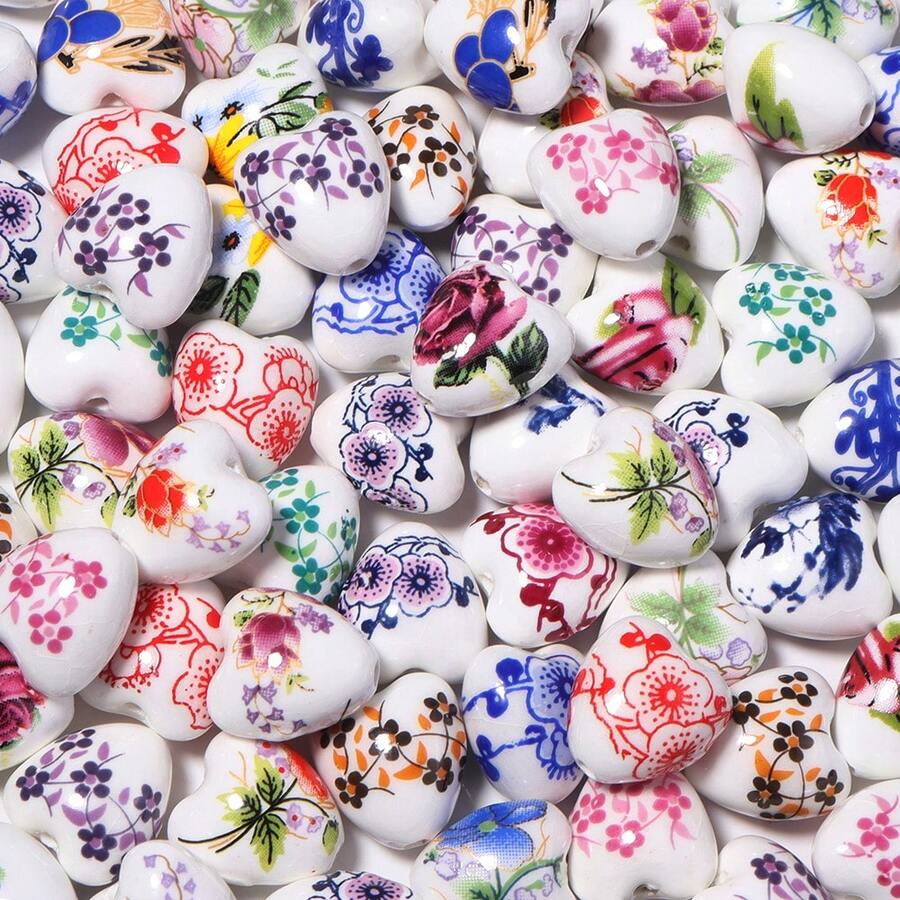 10顆花卉心形陶瓷珠 12X13mm 復古陶瓷鮮豔花卉珠，可用於製作手鍊、項鍊、耳環珠寶裝飾，DIY珠寶製作材料，縫紉與手工藝裝飾珠