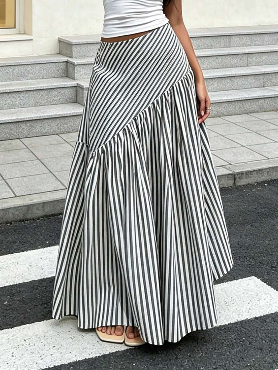 女款法式休閒波希米亞風梭織面料喇叭A字長裙,優雅百搭,春夏秋冬四季皆宜 - 黑與白 - 查看 1