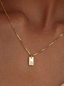 1pc Fashionable Stainless Steel Rectangular 26 Letter Pendant Necklace For Women, Suitable For Daily Wear, Birthday Gift - Yellow Gold - View 13
