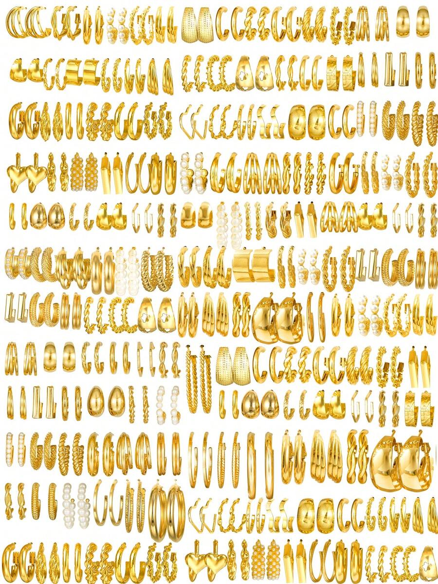 60/48/36/24/12pcs Fashion Minimalist Elegant Exquisite Vintage Design Geometric Ribbon Faux Pearl Square Cross Twisted Multi-Layer Heart Flower Hollow Embossed Textured Glossy Minimalist Plain Thick C-Hoop Earrings Set For Holiday Vacation Party Date Gift Daily Commute Wear - Yellow Gold - View 1