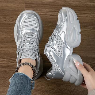 Women's Low-Top Lace-Up Solid Color Casual Breathable Sports Shoes, Lightweight Non-Slip Thick Sole Height-Increasing Outdoor Versatile Fashion Chunky Sneakers