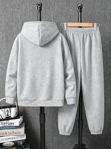 2pcs/Set Boys Cartoon Print Warm Hoodie And Sweatpants Set - Grey - View 2