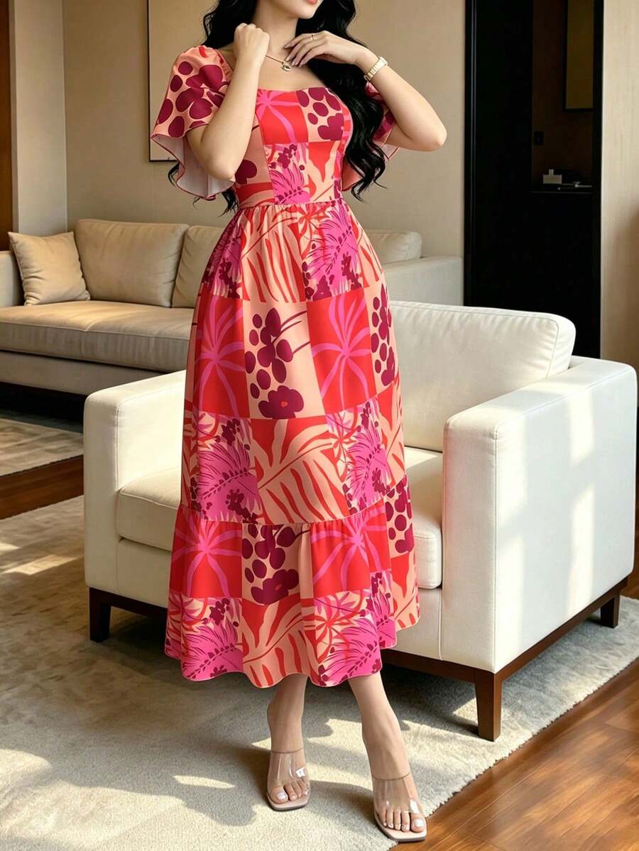 Turtle Leaf, Coconut Tree, Scattered Leaf And Small Flower Plant Silhouette, Square Neck And Short Sleeve Dress With Ruffle Design At The Hem, Summer Vacation Style - Multicolor 6 - View 1